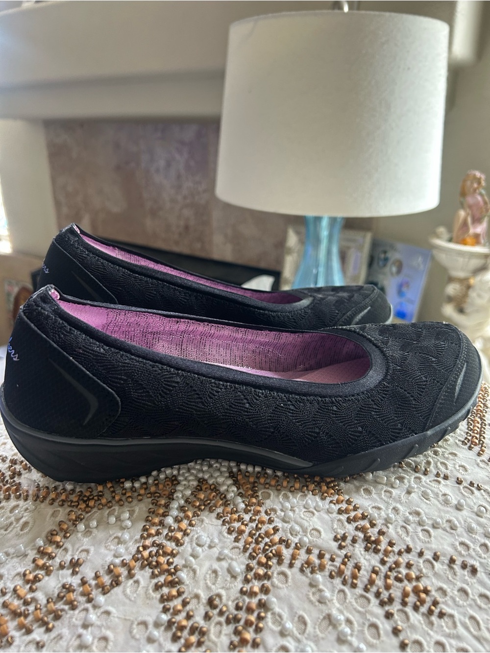 Skechers Black Slip-On Ballet Flats with lilac Lining size 9.5.